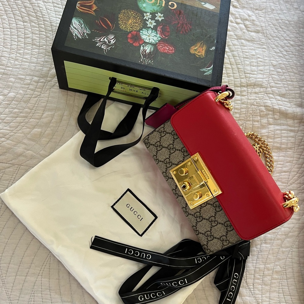Gucci Red and Brown Crossbody Bag with Gold Accents